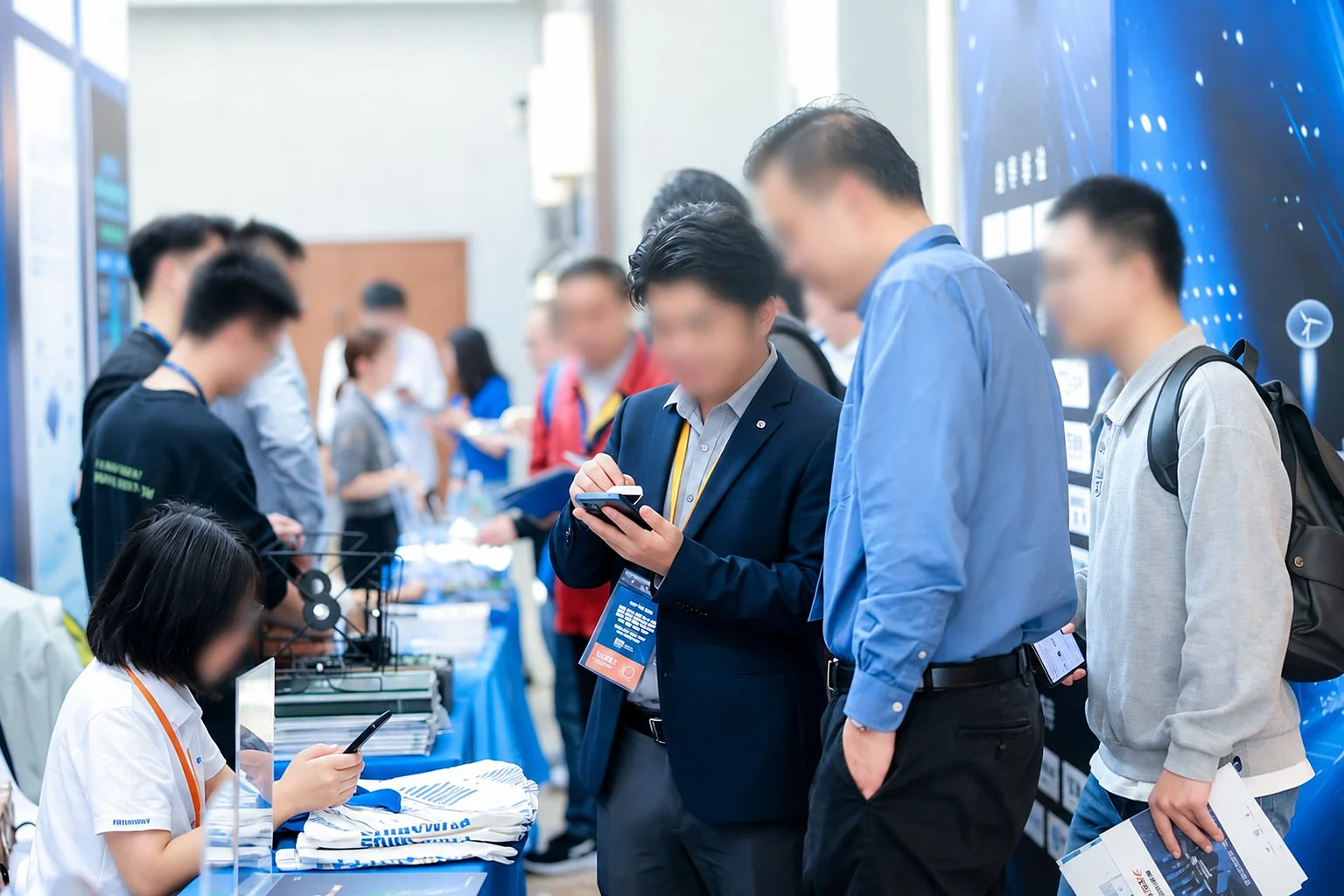 展会现场，多位参观者在展台前用手机参与互动